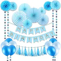 在飛比找松果購物優惠-【WIDE VIEW】藍色生日佈置紙花扇氣球套組(BL-07
