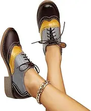 [LIHUAMAO] Retro Mix Color Fashion Oxford Shoes for Women Casual Chunky Heel lace up Sneaker