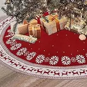 ZANZER Christmas Tree Skirt Rustic Red & White Knitted Xmas Tree Mat with Snowflakes & Reindeer Pattern, 36"-48" for Christmas Trees