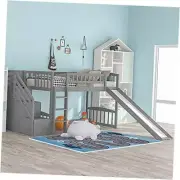 BOVZA Stairway Loft Bed Size with Twin Grey Wood Loft Bed with Slide and Stairs