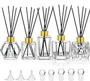 Diffuser Glass Bottles Set of 5 DIY Empty Clear Glass Fragrance Bottle with Gold Caps Reeds Sticks Vase Decorative Diffusers for Home Office Desk Decoration Wedding Replacement Girl Women