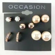 Occasion 5 Pairs Earrings Faux Pearl & Rhinestone Copper-tone Studs