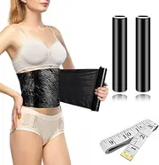 60 Meters Black Osmotic Plastic Body Slimming Wrap with Soft Tape Measure,Sweat Enhancer, Compression Stomach Wrap, Thermal Wrap Reduces Cellulite, Skin-friendly, Breathable(2 Rolls), Black