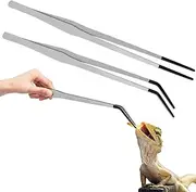 Lasnten 2 Pcs Extra Long Stainless Steel Reptile Feeding Tongs with Rubber Tip Bearded Dragon Aquarium Straight and Curved Long Tweezer Terrarium Feeder Tool for Tank(Silver, 15 Inch)