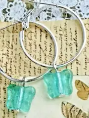 Silver & Aqua Blue Czech Glass Butterfly Lever Back Hoop Dangle Earrings. Beach.