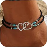 [choice of all] Western Ankle Bracelet for Women Double Layered Elastic Beaded Anklet Bracelets Double Hearts Stretch Waterproof Anklet Dainty Boho Turquoise Foot Bracelet Summer Beach Jewelry for Women