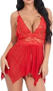 [YZMJYMHS] Plus-Size Lingerie Women Sexy Lingerie Front Closure Lace Sleepwear V Neck Backless Sleeveless Women Nightgown-Red_L