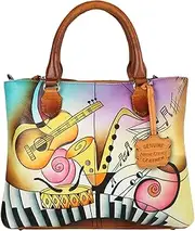 [NATIVE ESSENCE] Women’s Hand Painted Genuine Leather Soft Handbag Golden Brown Musical Purse Satchel Bag for Women, Premium Double Compartment Tote Bag, Gift Packed, Golden Brown, Medium