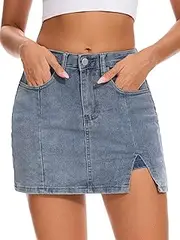 [DEICAEVO] Denim Mini Skirts Stretchy High Waisted Denim Skirt with Shorts Underneath Side Slit Mini Jean Skirt