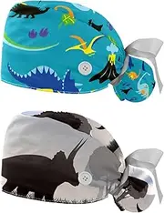 [WOSHJIUK] Working Hat 2 Pack Scrub Caps for Women,Dinosaur Cartoon paw,Tie Back Cap Adjustable Scrub Hat