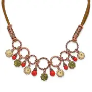 1928 Jewelry Copper-tone Textured Links Green and Light Green Enamel Flower O...