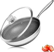 [Vinchef] Stainless Steel Wok Pan with Glass Lid 12 Inch, Honeycomb Nonstick Stir Frying Pan Induction Compatible and Dish Washer Safe
