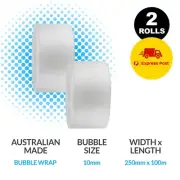 2x Bubble Wrap 250mm x 100m Cushioning Clear Bubbles Size 10mm 100 Metres/Roll