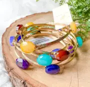 W Stones & Beads Bangle Bracelet Set of 6 Gold Wire Wrapped Purple Blue Yellow