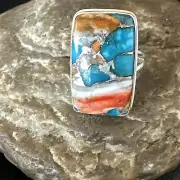 Blue Turquoise Orange Spiny Oyster Navajo Sterling Silver Ring Size 10 18246