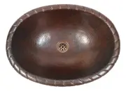 19" Oval Hammered Copper Rope Rimmed Vessel Vanity Sink with Daisy Drain
