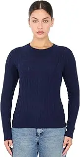 [JENNIE LIU] Women's 100% Cashmere Cable-Knit Long Sleeve Pullover Crew Neck Sweater, Navy, Medium