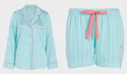 NEW PETER ALEXANDER AQUA STRIPED POLY SATIN TOP & SHORTS PJ SET M RRP$159.90
