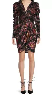 TED BAKER JAYN FAUX WRAP DRESS DEVORE V-NECK FLORAL BLACK & MLT TED SIZ 4 (US 10