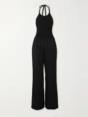 [THREE GRACES LONDON] THREE GRACES LONDON - Shefali Cutout Shirred Seersucker Halterneck Jumpsuit - Black - UK 8 UK 8 Black