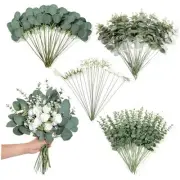 110 Pcs 7 Kinds Mixed Artificial Eucalyptus Stems and Faux Flowers,Fake Silver