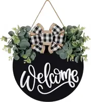 Welcome Sign for Front Door Porch Decor Farmhouse Wreath Wall Decor Φ30cm Round Wooden Hanging Housewarming Home Decor for Home Outdoor Indoor (Black)