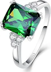 [Yaresul] Women's 5.3ct Emerald-Cut Created Green Emerald Ring for Women 925 Sterling Silver Emerald Engagement Ring for Women May Birthstone Rings Paved Cubic Zirconia Wedding Rings Size 5-10