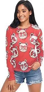 [RPLIFE] Panda Animals Glasses Red Long Sleeve Mesh Top, Long Sleeve Party Tops for Women S-XXL