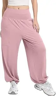 [Mintreus] Women's Harem Pants, High Waist Boho Palazzo Trousers with Front Pockets Summer Hippie Pants 2025, Dirty Pink, Large