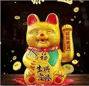 XIGUI Lucky Cat,Beckoning Ceramic Maneki Neko Lucky Fengshui Cat,Japanese Lucky Cat with Waving Arm Gold Battery Operated(7 inches)