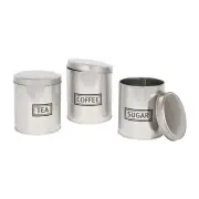 3pc Round Metal Tea Coffee Sugar Storage Set Brushed Kitchen Canisters Jars Pots