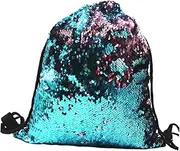 CATIEBYE Sequin Drawstring Backpack Reversible Polyester Storage Sackpack Blue Light Pink for Jewelry Cosmetics Items Sturdy Rope Design for Festivals