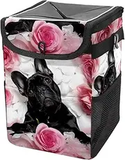 Car Trash Can with Lid and Storage Pockets Leak-Proof Organizer,Multipurpose Trash Bin for Car,Dogs French Bulldog Rose Petal