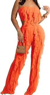[Generic] Women Mesh Perspective Two Piece Set Hollow Out Ruffle Long Trousers Sheer Skinny Pant Set with Lining