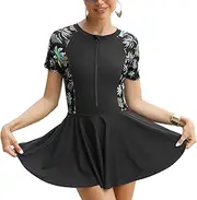 [FYMNSI] Womens Rash Guard One Piece Swimsuit Zipper Short Sleeve Swim Dress with Shorts Modest Bathing Suit Athletic Swimskirt, Black Maple Leaf, Large