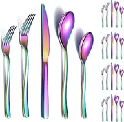 Colorful Cutlery Set 20 Pieces Service for 4, Berglander Titanium Rainbow Plated Stainless Steel Flatware Set, Knives Forks Spoons Silverware Set