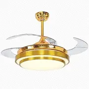 Reversible Retractable Ceiling Fans with LED Light and Remote Control, 42 Inch Invisible Ceiling Fan Chandelier with 4 Clear Blades, Diningroom Fandelier Indoor Ceiling Light Kits with Fans (Gold)