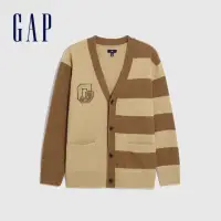在飛比找momo購物網優惠-【GAP】男女同款 LogoV領針織外套-棕色(842135