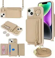 [SunYoo] for iPhone 13/14 Crossbody Case with Card Holders Money Slots Zipper Coin Purse Rotatable Ring Kickstand Cover Wristlet Strap Lanyard Litchi Leather Wallet Cover for iPhone13 iPhone14 Cream