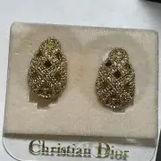NOS NEW OLD STOCK Christian Dior Earrings Gold WEAVE Rhinestones NEVER WORN