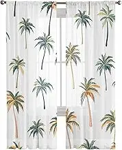 IDOWMAT Summer Green Palm Trees on White Chiffon Sheer Curtains 84 Inches Long, Watercolor Botanical 2 Rod Pocket Window Treatment Voile Drapes Curtains for Living Room Bedroom,2 Panels,52x84In