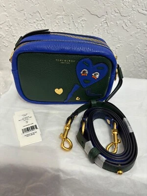 Brand New TORY BURCH Perry Patchwork Hearts Mini Bag - Pine Green/Nautical Blue