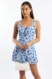 Blue Ditsy Mini Dress Gathered Bust - Size 16XL, Women's Skater Dress