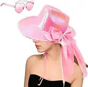 [YBHOMINE] Sparkly Sequin Cowgirl Hat with Heart Sunglasses and Big Bow Hair Clips with Long Silky Satin - Holographic Disco Cowgirl Hat