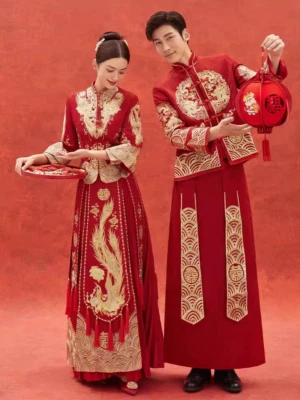 Traditional Chinese Wedding Bridal Qun Kwa Dress & Groom Tang Suit