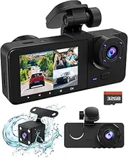3 Channel Dash Cam,4K+1080P Dash Cam Front and Rear Inside, Dash Camera for Cars, Triple Car Camera with 32GB Card,Built-in G-Sensor, 2’’ IPS Display Car Camera,Loop Recording,24Hr Parking