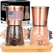 Premium Salt and Pepper Grinder Set - Best Copper Stainless Steel Mill for Home Chef Magnetic Lids Smooth Ceramic Spice Grinders with Easy Adjustable Coarseness Top Salt and Pepper Shakers - 6 Oz