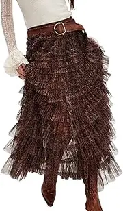 [NUFIWI] Women Ruffle Maxi Slip Skirt Elastic Waist Sheer Mesh Long Skirts Lace Layered Tiered Tulle Tutu Skirt Petticoat