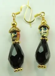 Black Briolette Crystal Earrings with Hematite Skull Handmade Jewelry Halloween