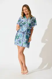 Oakbrook Shirt Dress Short Sleeve in Blue And Green Tile Print 8